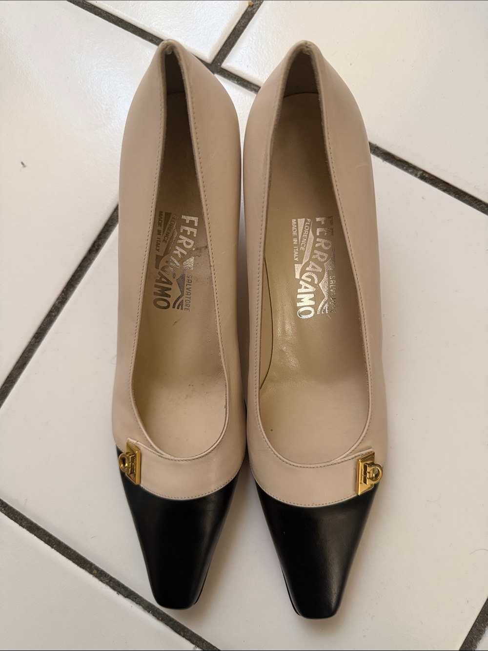 Salvatore Ferragamo Cream and Black Leather cap toe heels